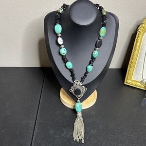 Vintage Maya Elegant Black and Turquoise Beaded Necklace